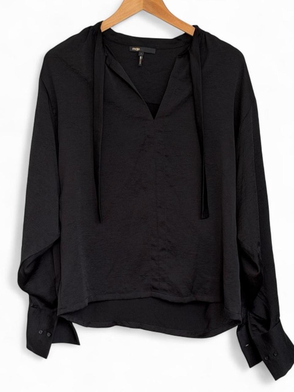 Maje Loiso Black Satin Crepe Tie-Neck Blouse Size 1 Small